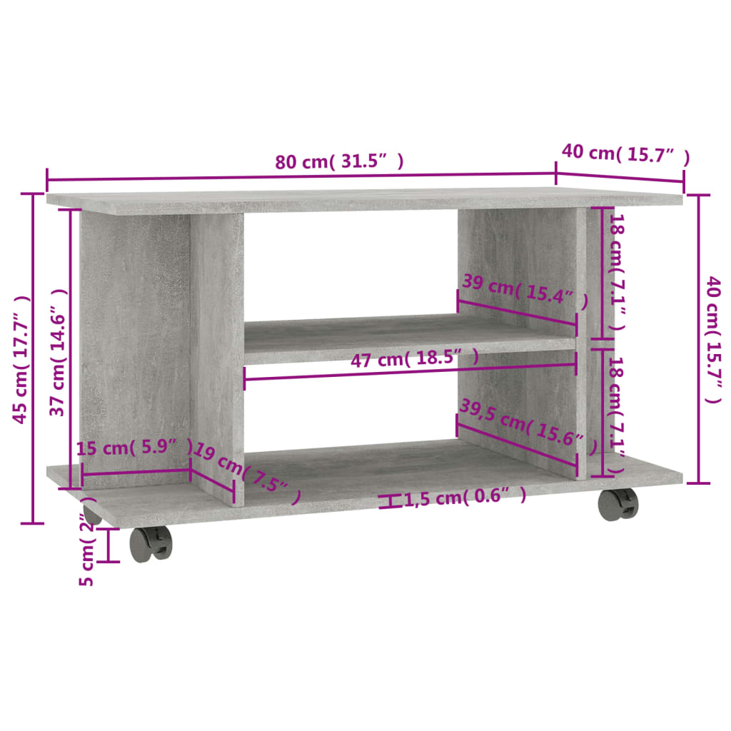 800193 vidaXL TV Cabinet with Castors Concrete Grey 80x40x45 cm Engineered Wood