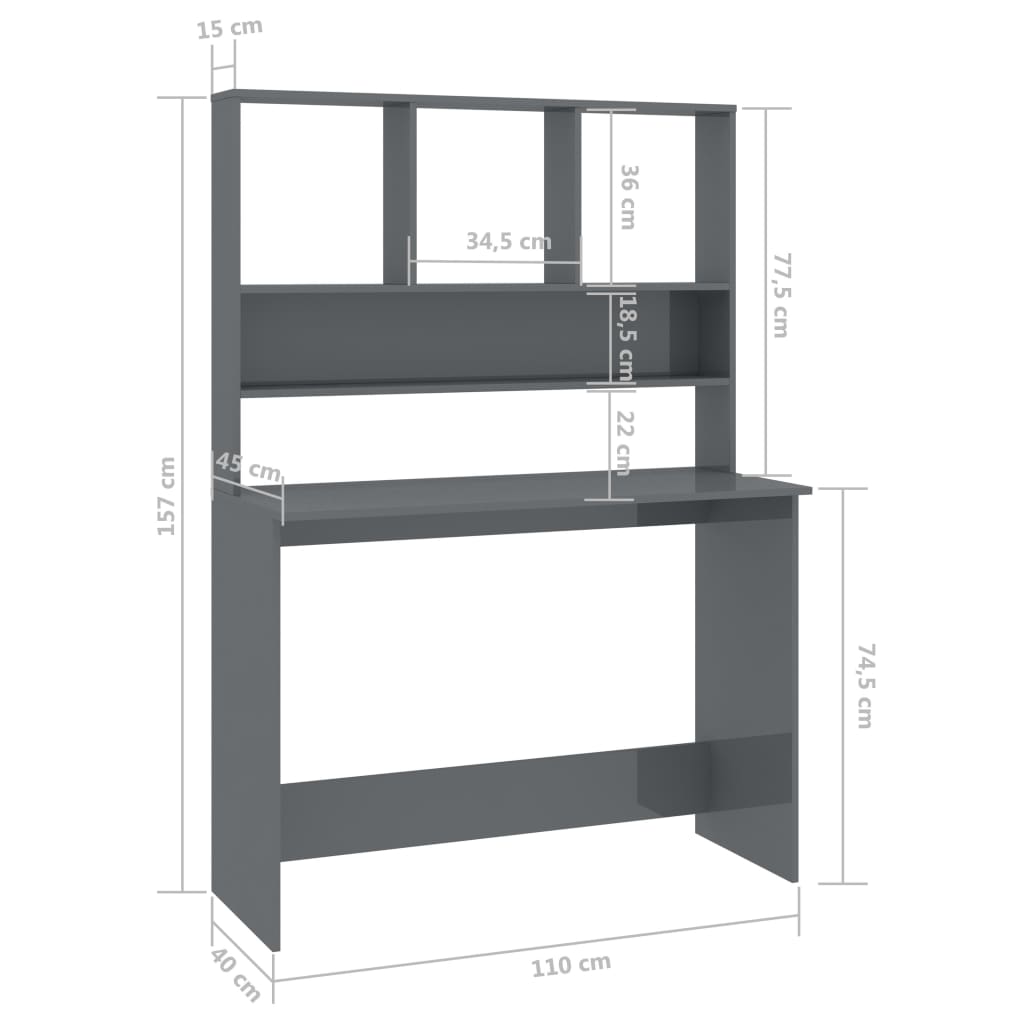 Desk with Shelf High Gloss Grey 110x45x157 cm Engineered Wood
