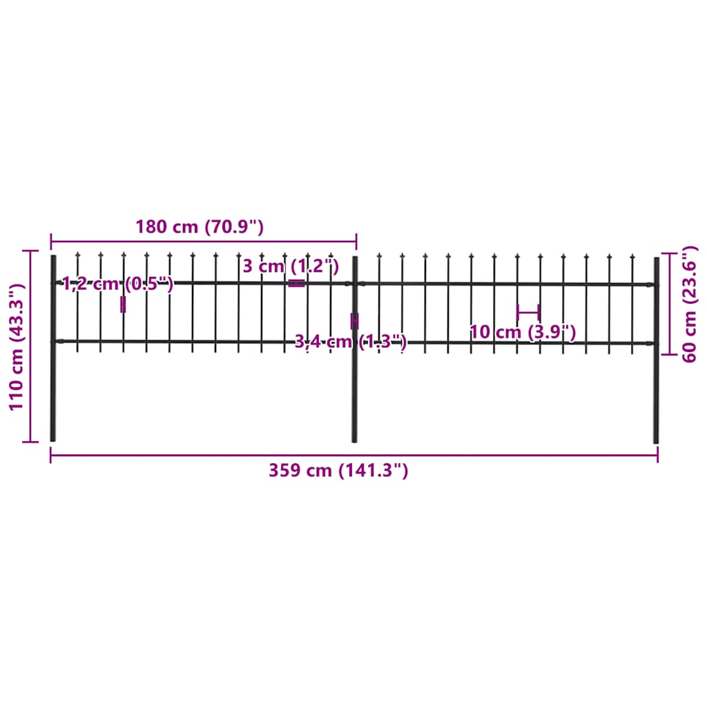 Garden Fence with Spear Top Steel 359x60 cm Black