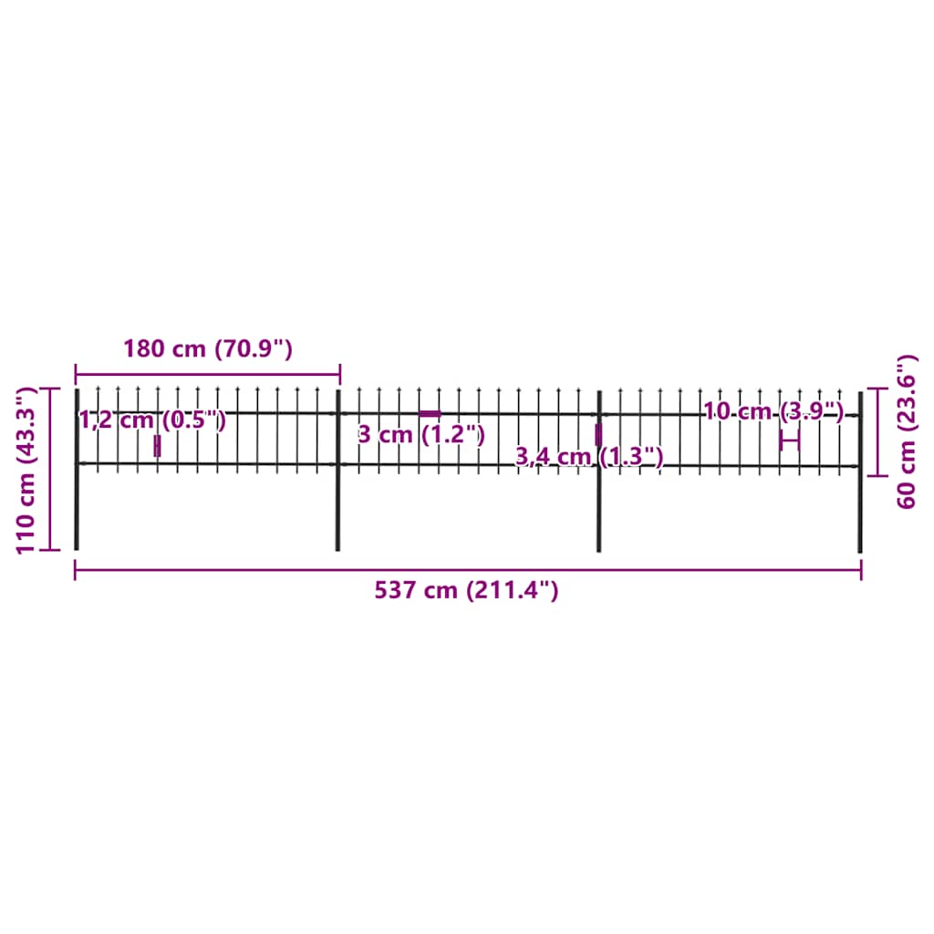 Garden Fence with Spear Top Steel 537x60 cm Black