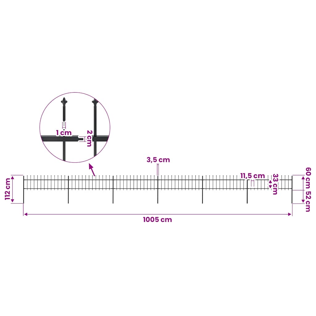 Garden Fence with Spear Top Steel 1005x60 cm Black