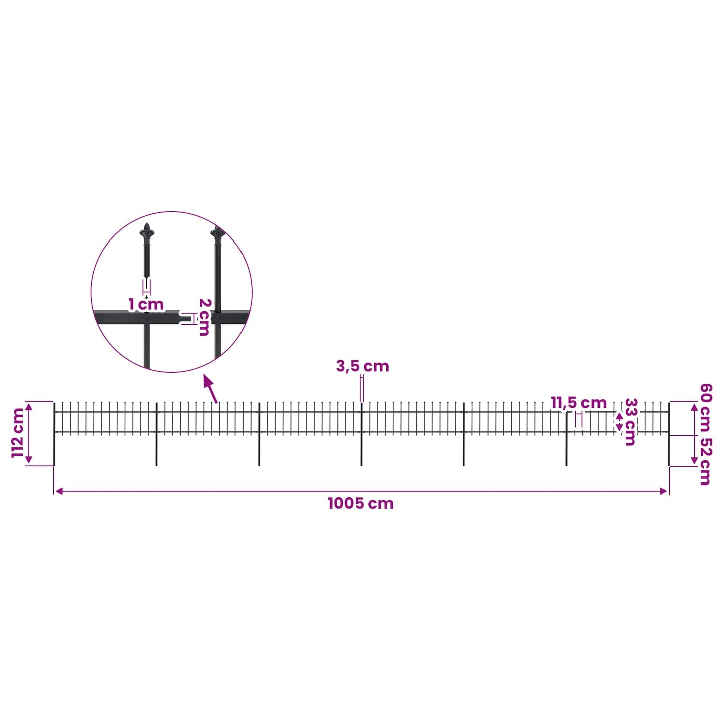 Garden Fence with Spear Top Steel 1005x60 cm Black