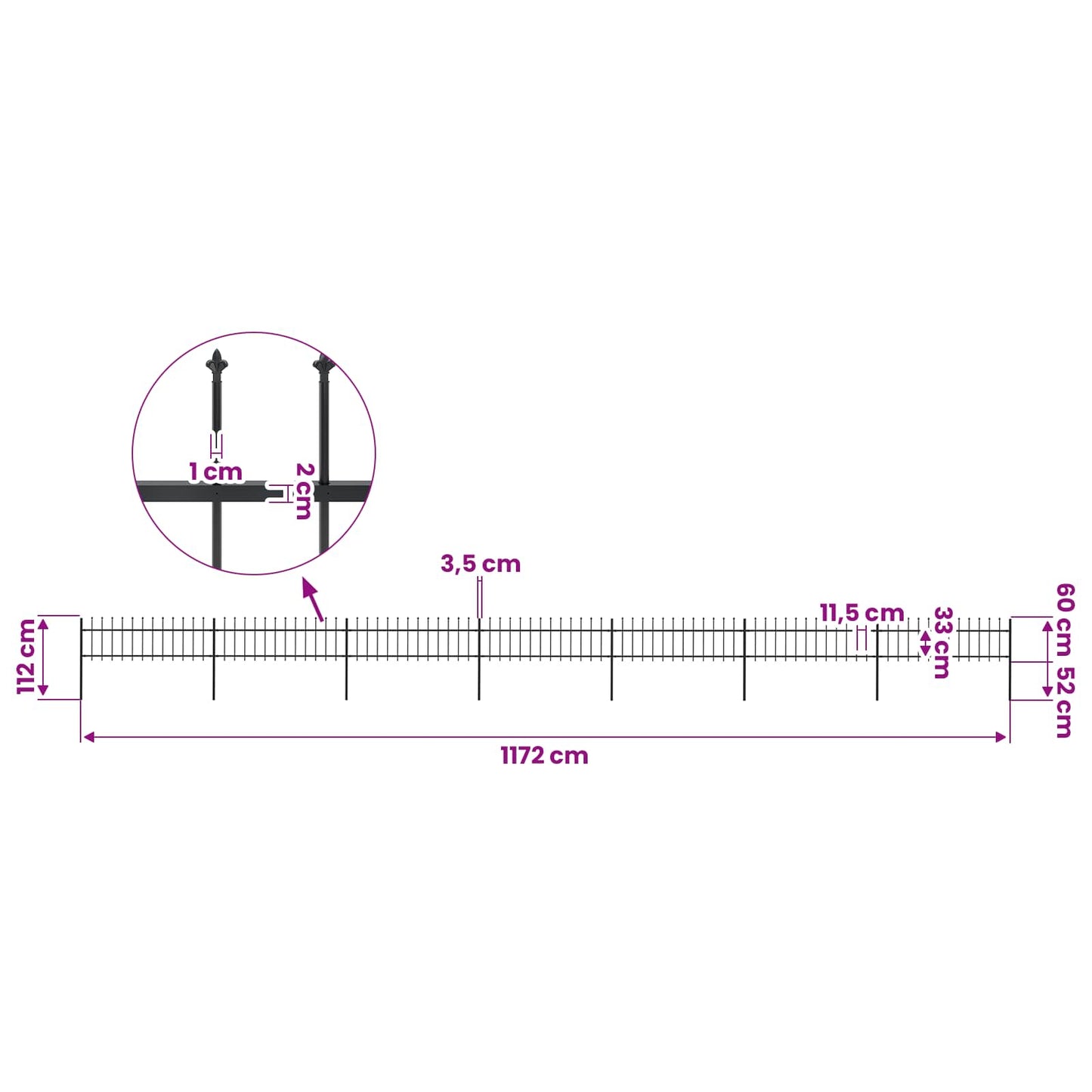 Garden Fence with Spear Top Steel 1172x60 cm Black