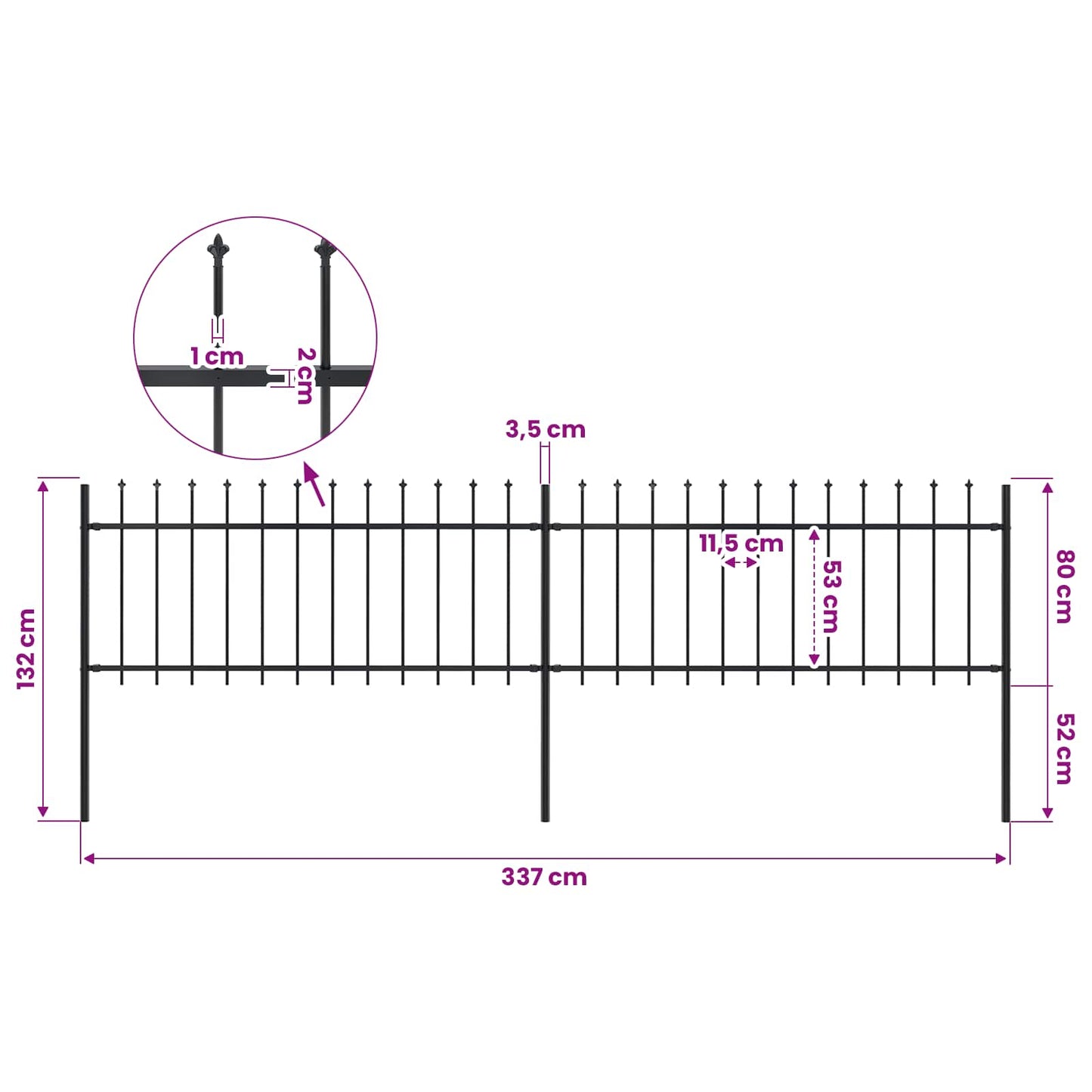 Garden Fence with Spear Top Steel 337x80 cm Black