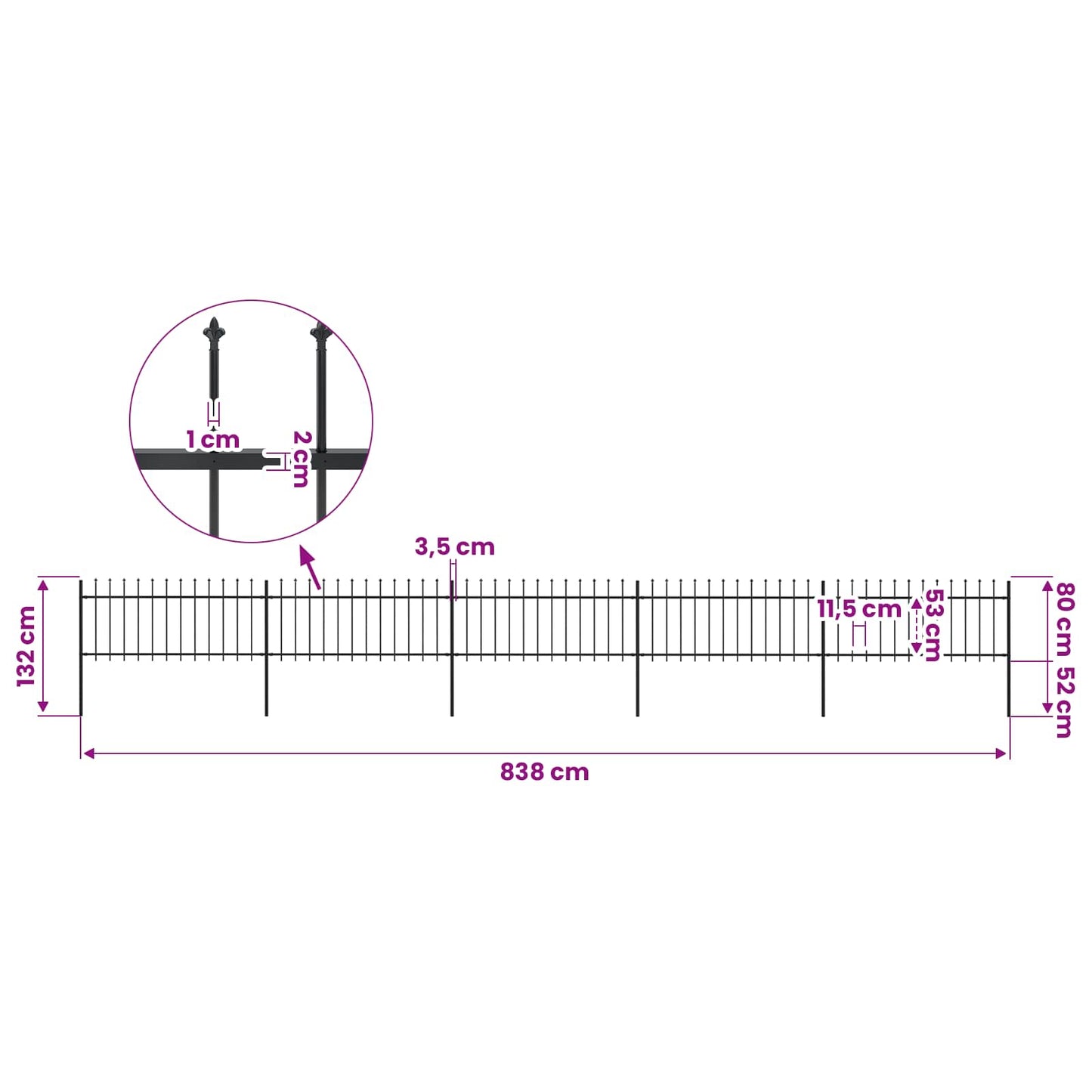 Garden Fence with Spear Top Steel 838x80 cm Black