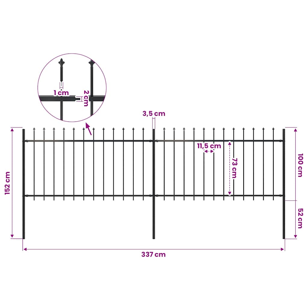 Garden Fence with Spear Top Steel 337x100 cm Black