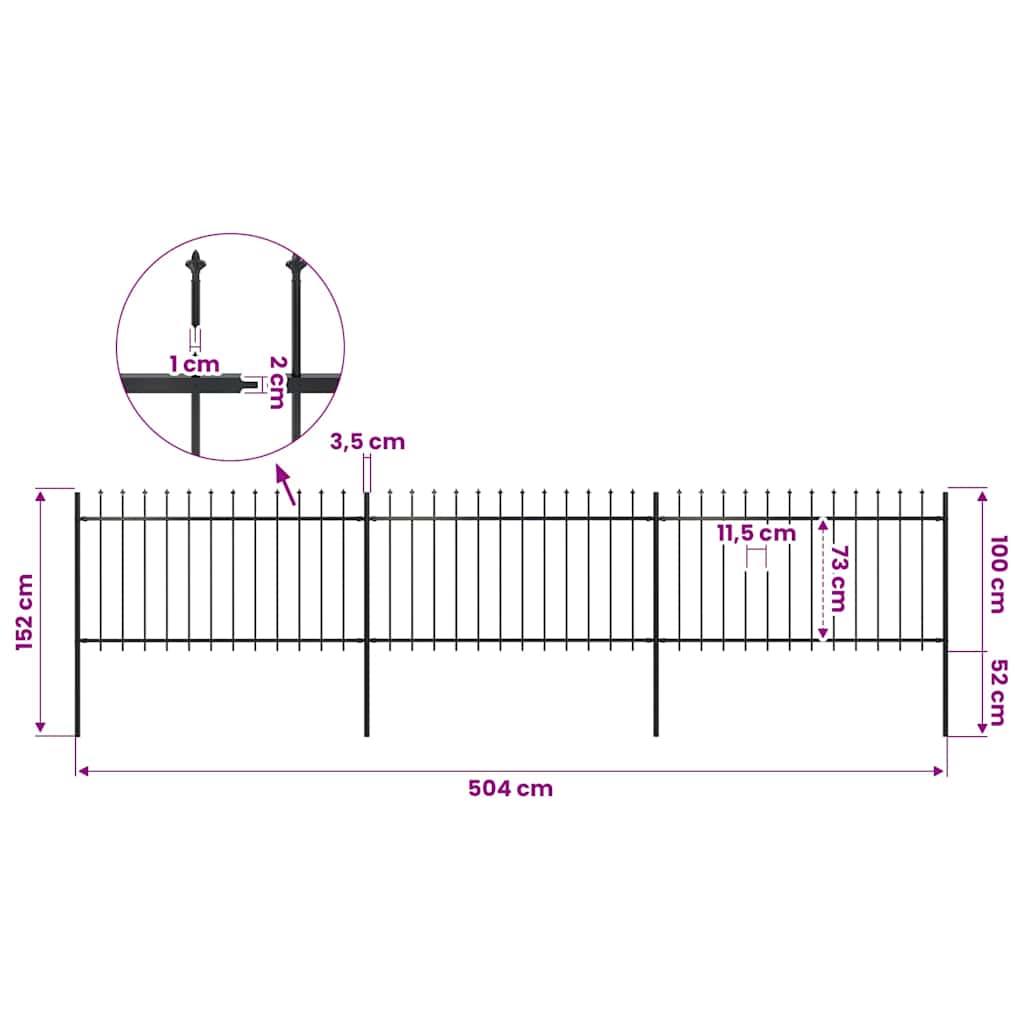 Garden Fence with Spear Top Steel 504x100 cm Black