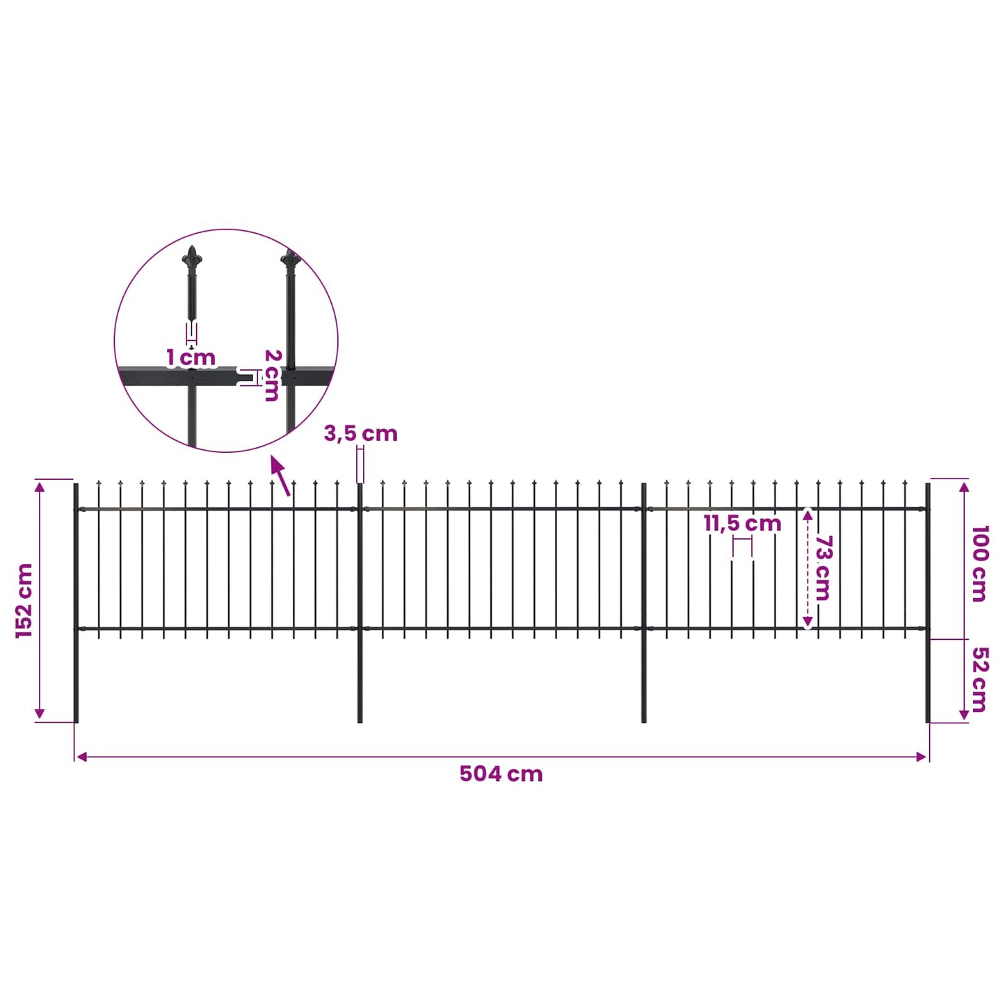Garden Fence with Spear Top Steel 504x100 cm Black