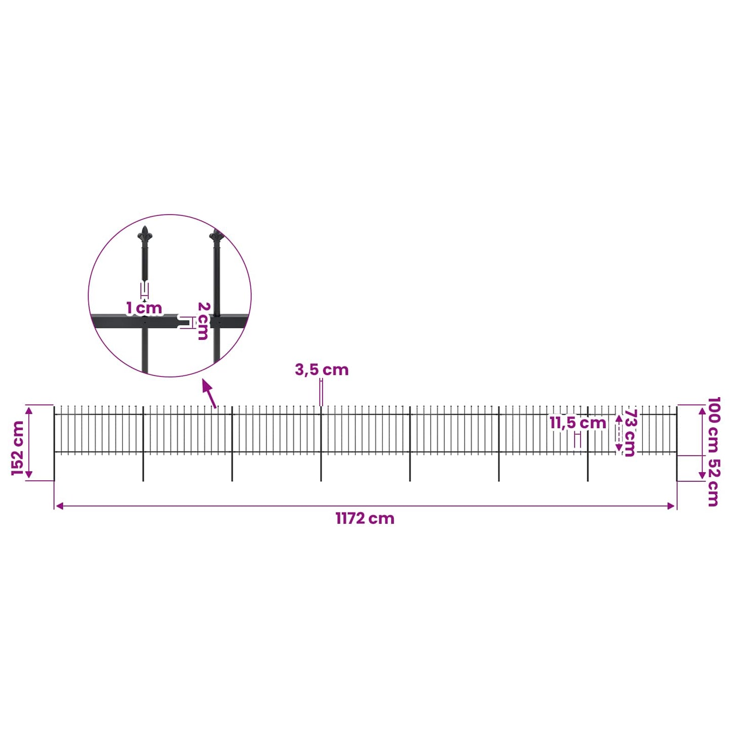 Garden Fence with Spear Top Steel 1172x100 cm Black