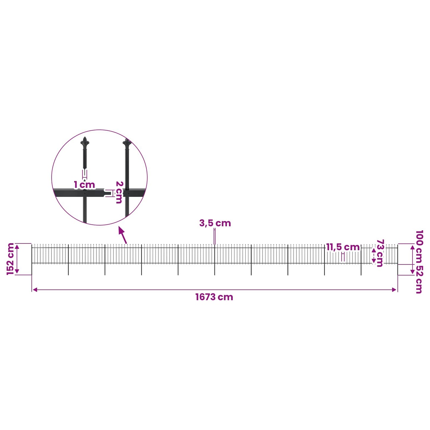 Garden Fence with Spear Top Steel 1673x100 cm Black