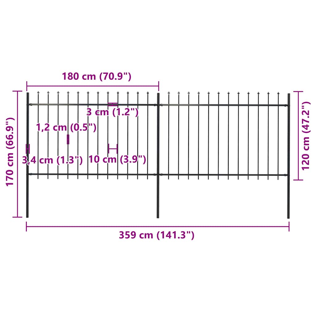 Garden Fence with Spear Top Steel 337x120 cm Black