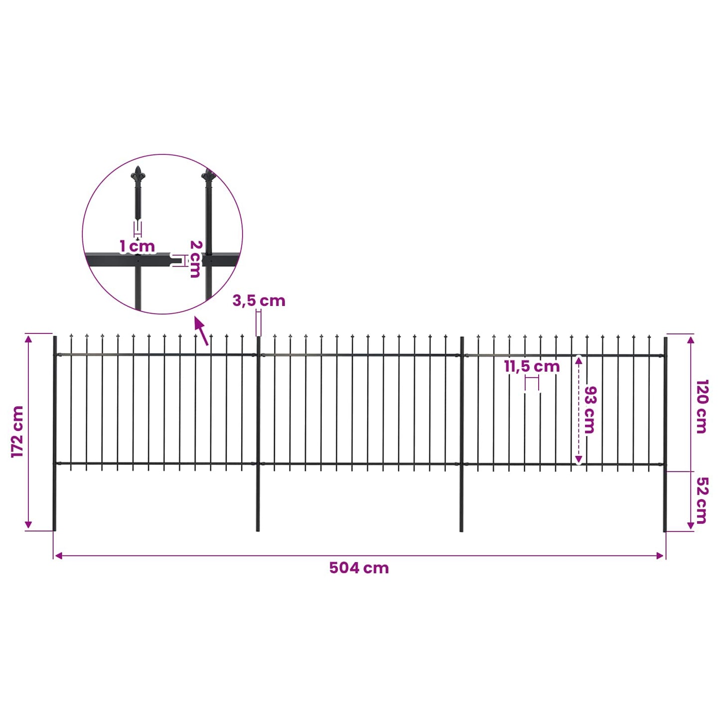 Garden Fence with Spear Top Steel 504x120 cm Black