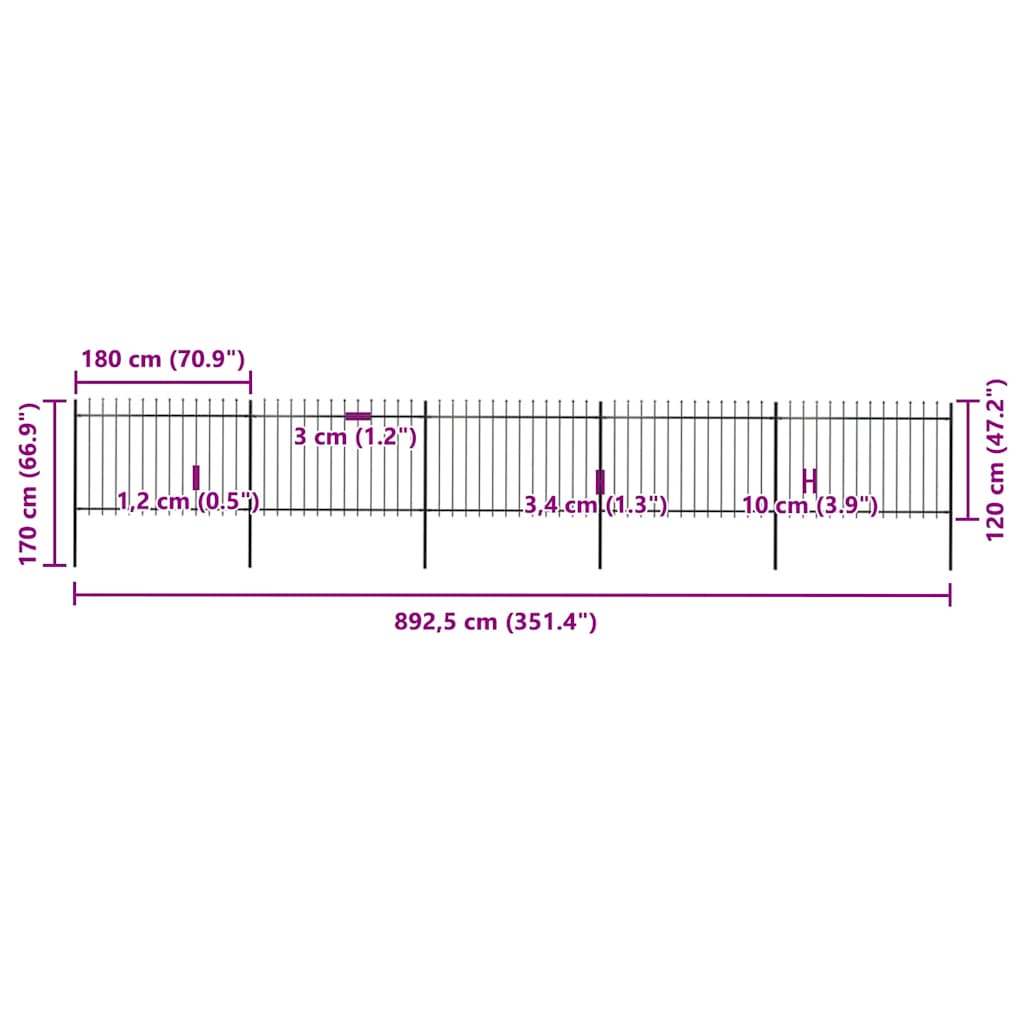 Garden Fence with Spear Top Steel 838x120 cm Black