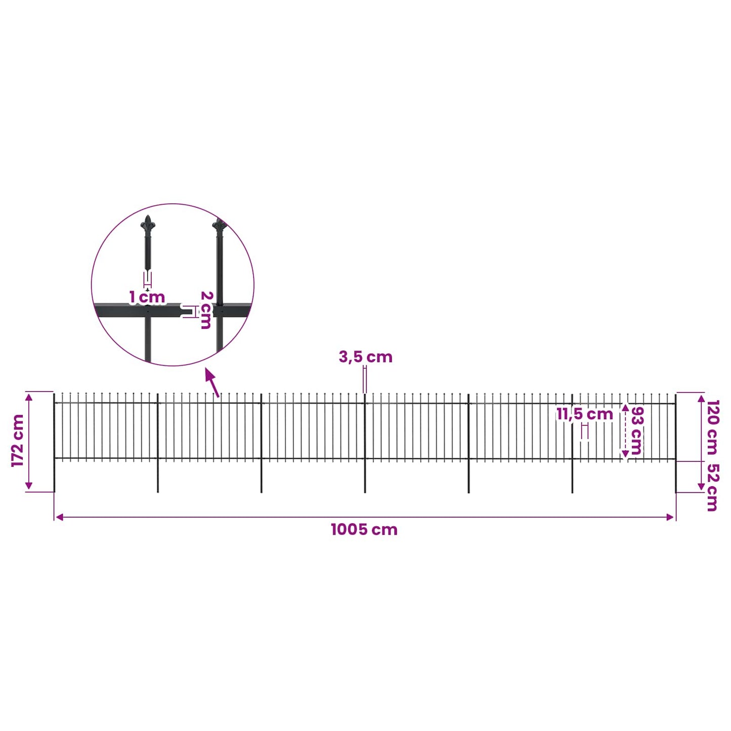 Garden Fence with Spear Top Steel 1005x120 cm Black