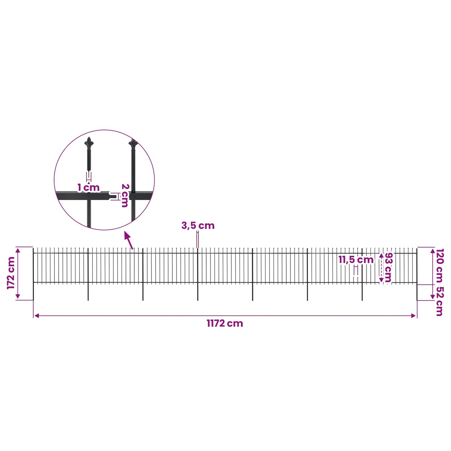Garden Fence with Spear Top Steel 1172x120 cm Black
