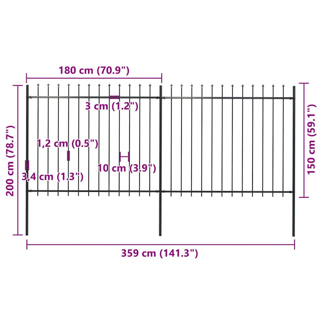 Garden Fence with Spear Top Steel 337x150 cm Black