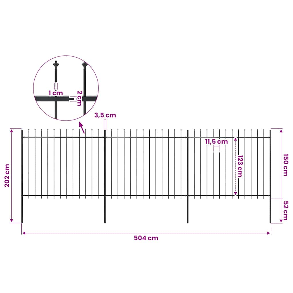 Garden Fence with Spear Top Steel 504x150 cm Black