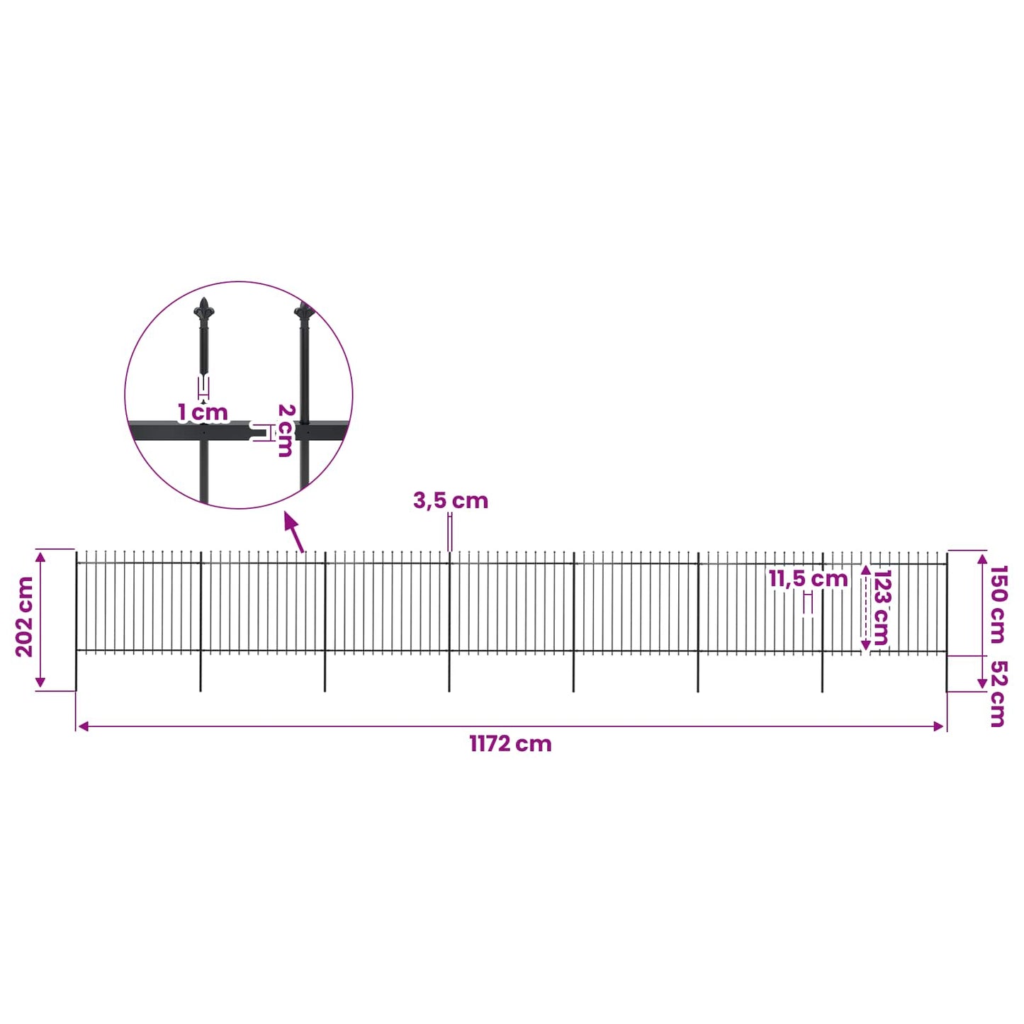 Garden Fence with Spear Top Steel 1172x150 cm Black