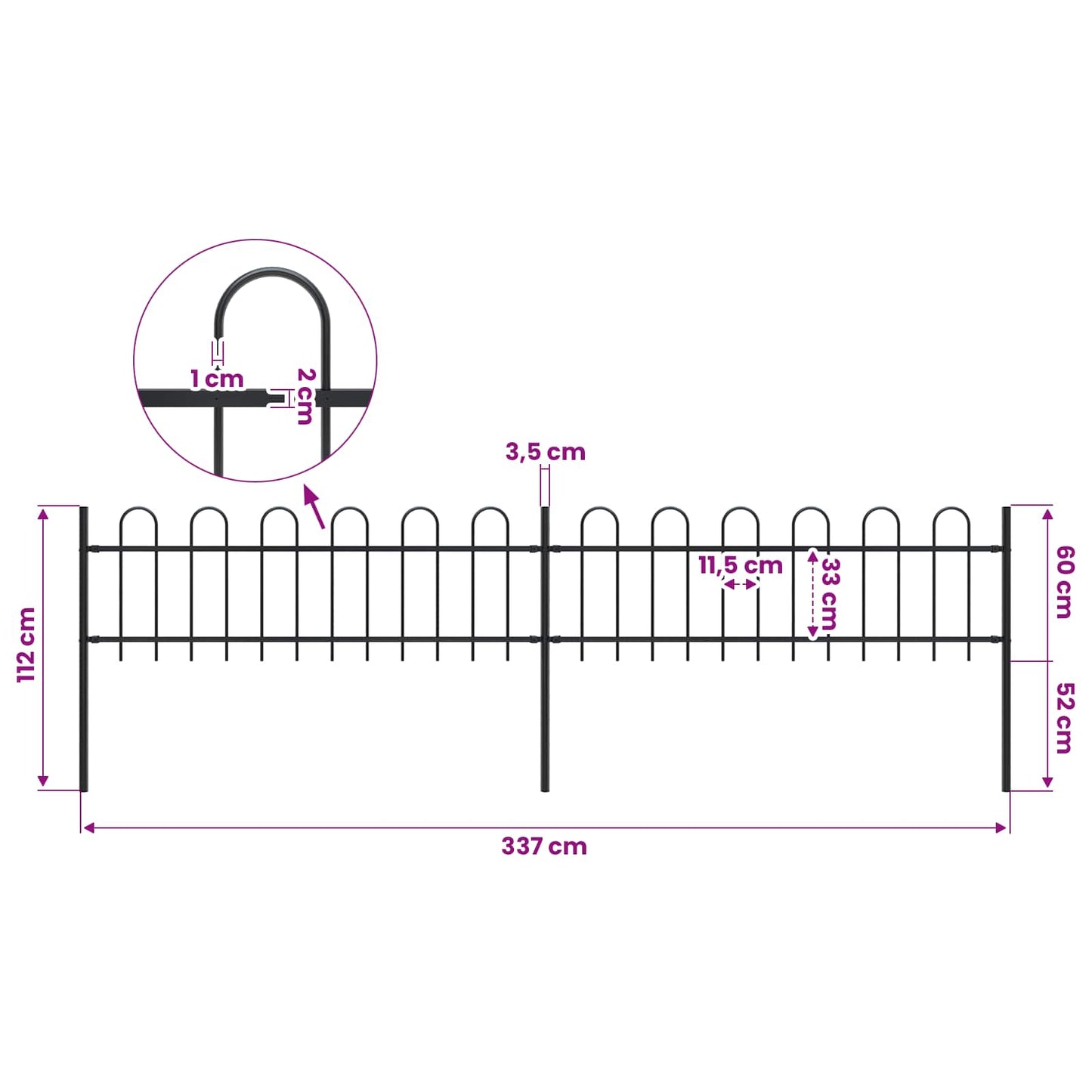 Garden Fence with Hoop Top Steel 337x60 cm Black