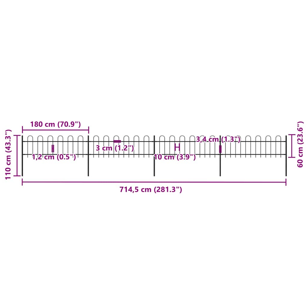 Garden Fence with Hoop Top Steel 714.5x60 cm Black