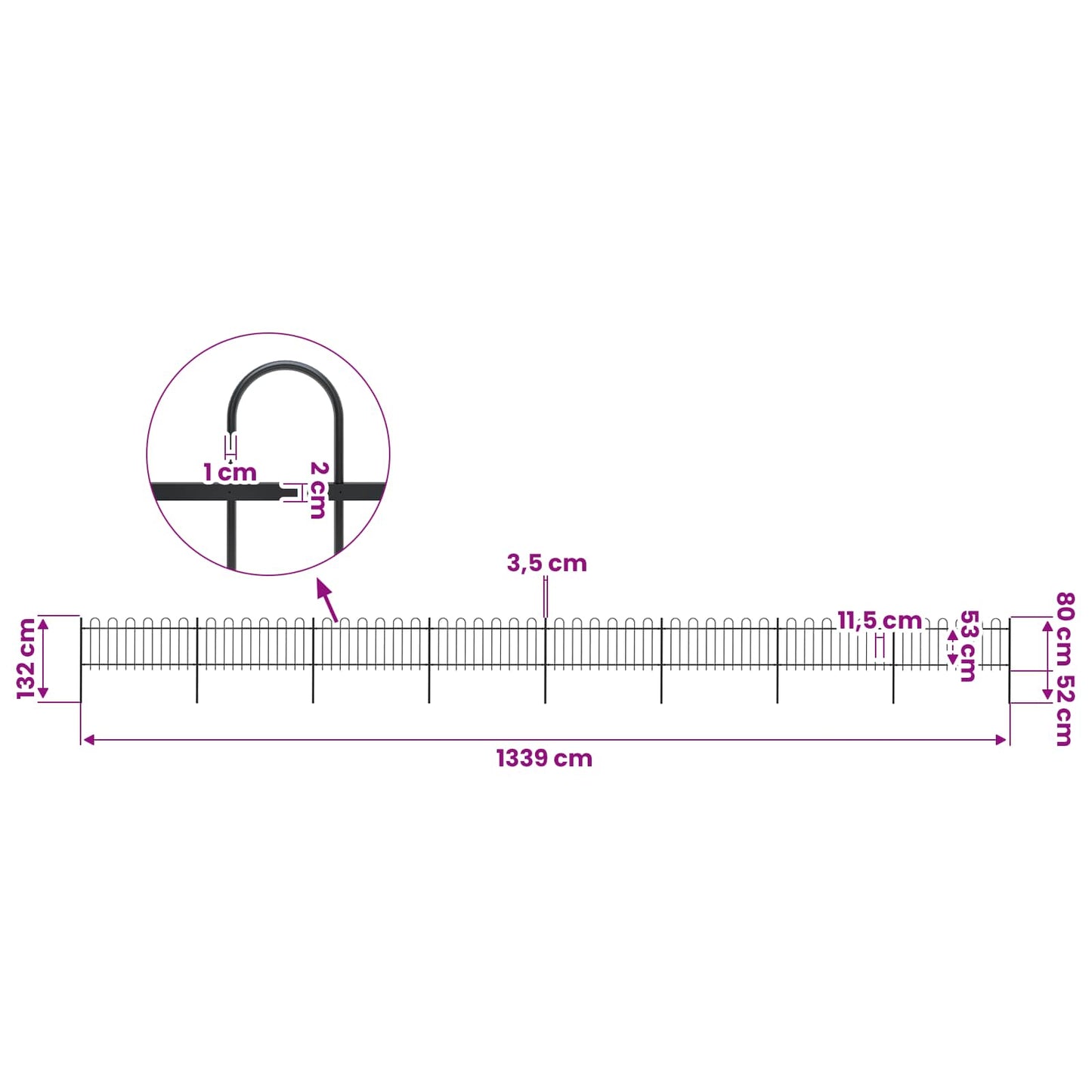 Garden Fence with Hoop Top Steel 1339x80 cm Black