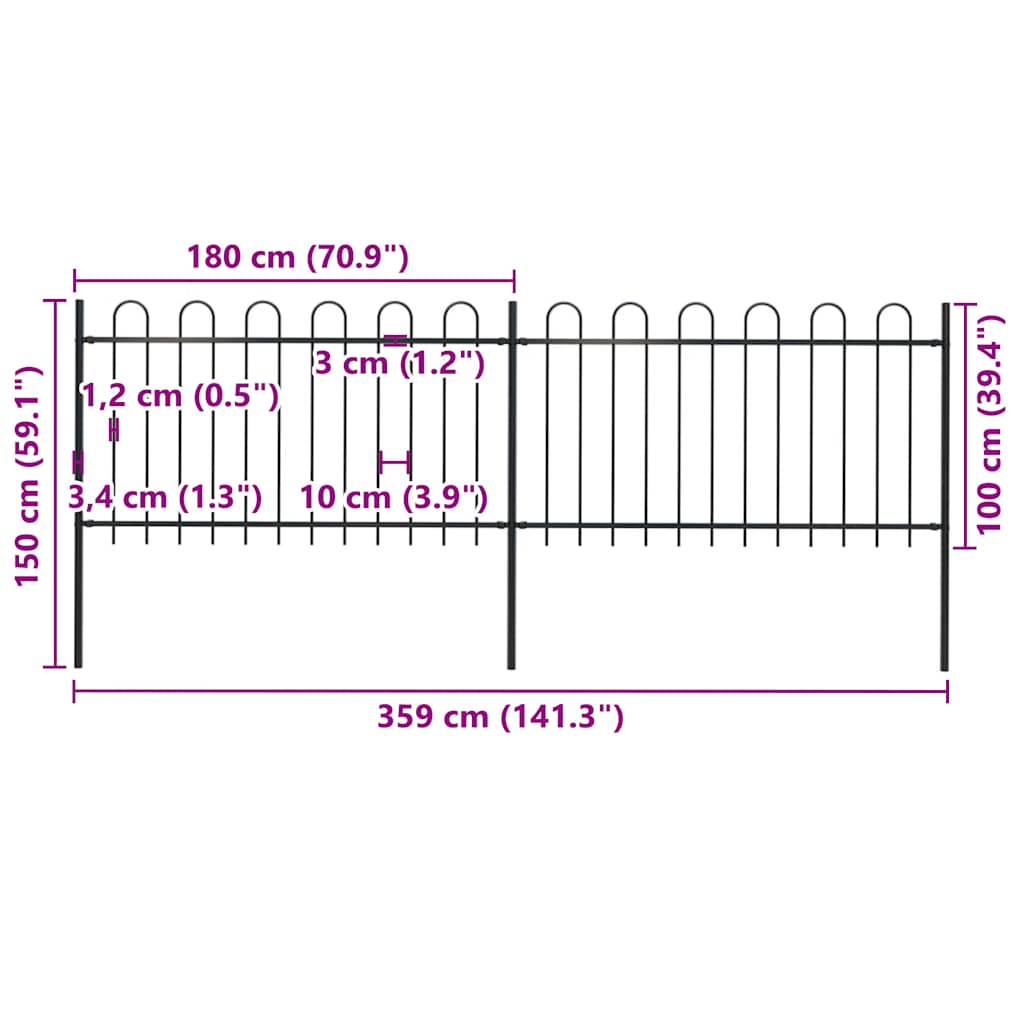 Garden Fence with Hoop Top Steel 337x100 cm Black