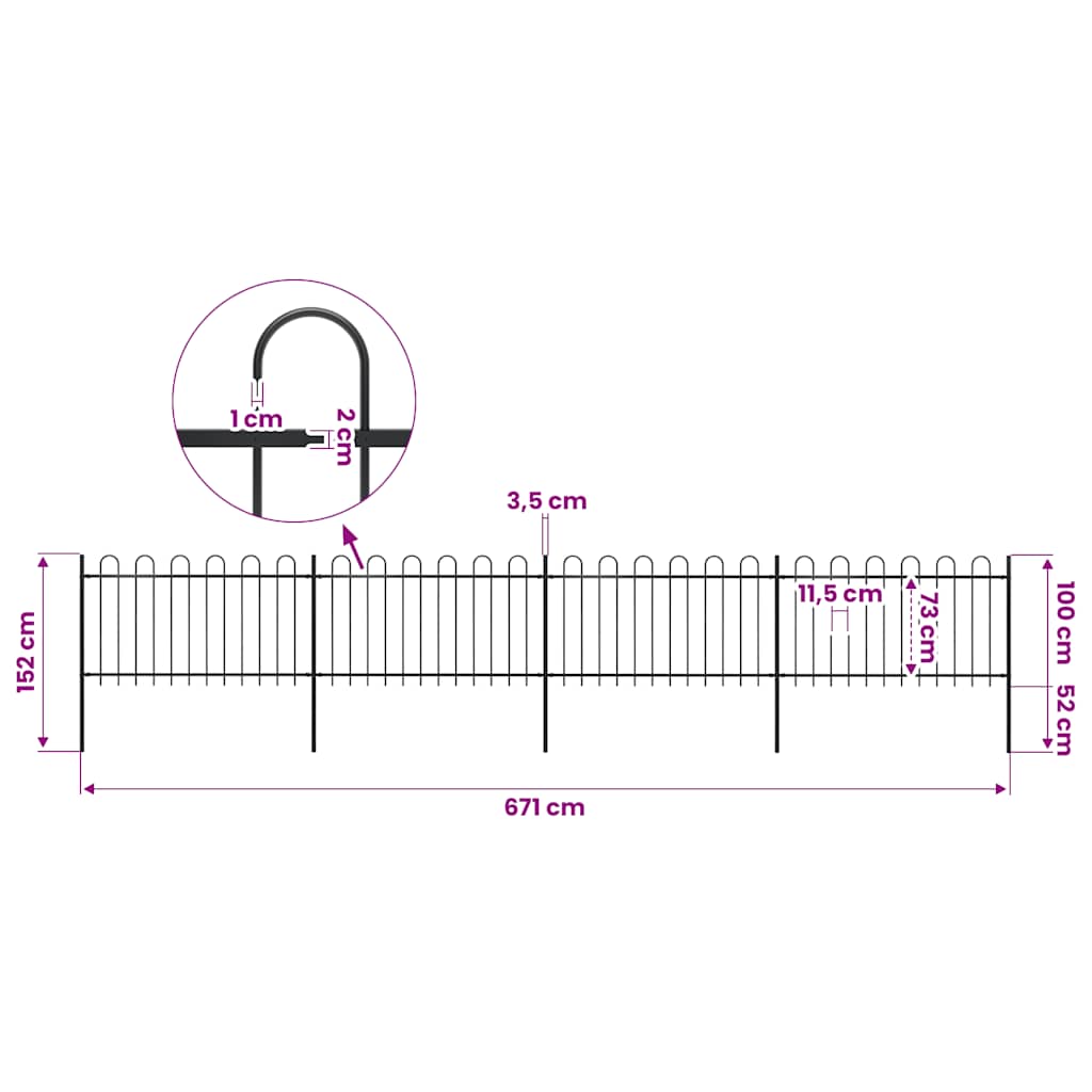 Garden Fence with Hoop Top Steel 671x100 cm Black