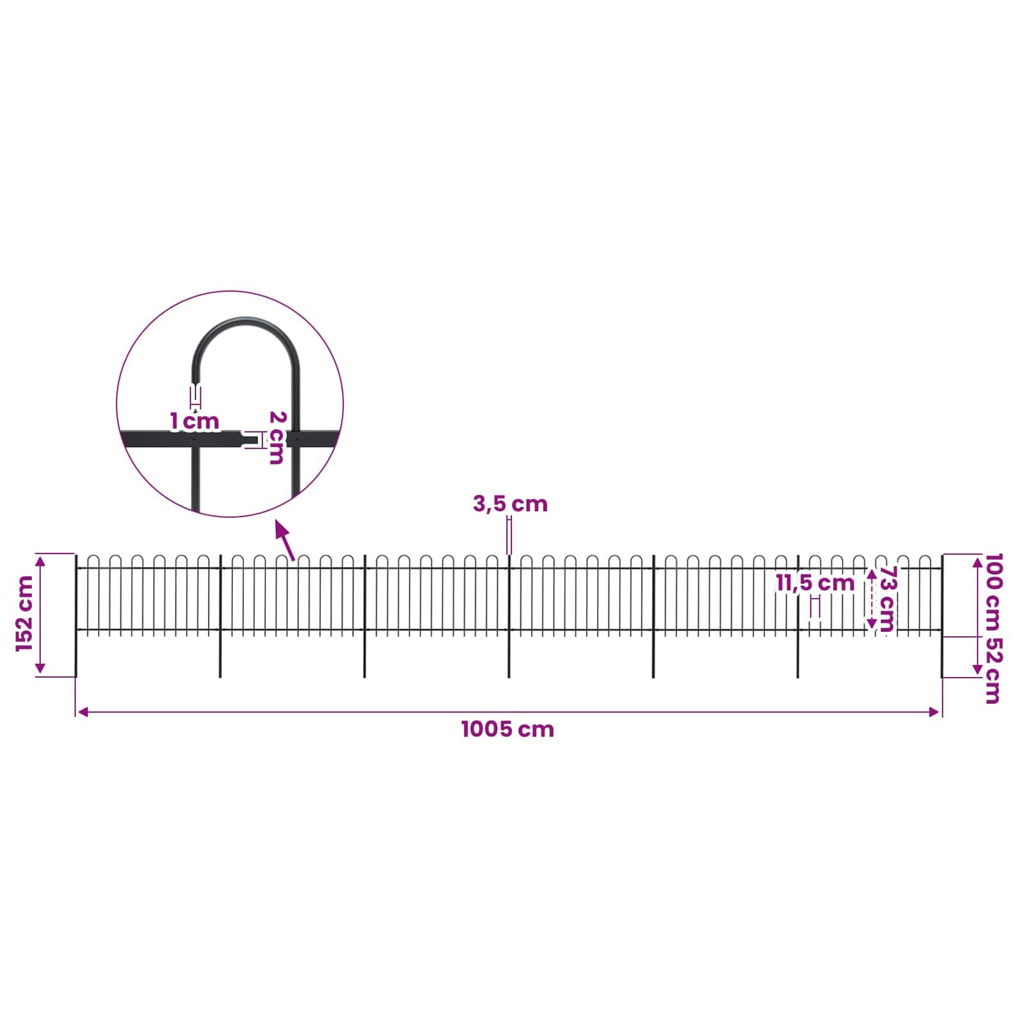 Garden Fence with Hoop Top Steel 1005x100 cm Black