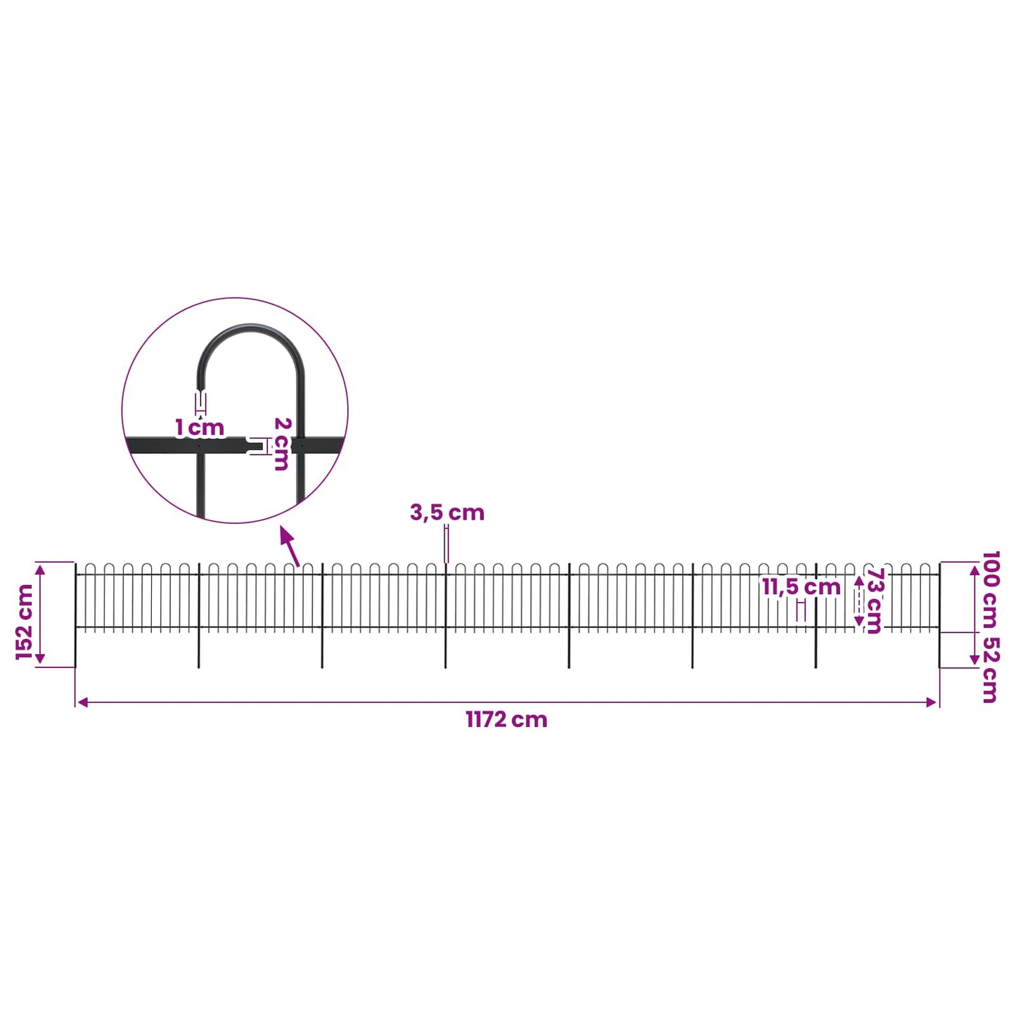 Garden Fence with Hoop Top Steel 1172x100 cm Black