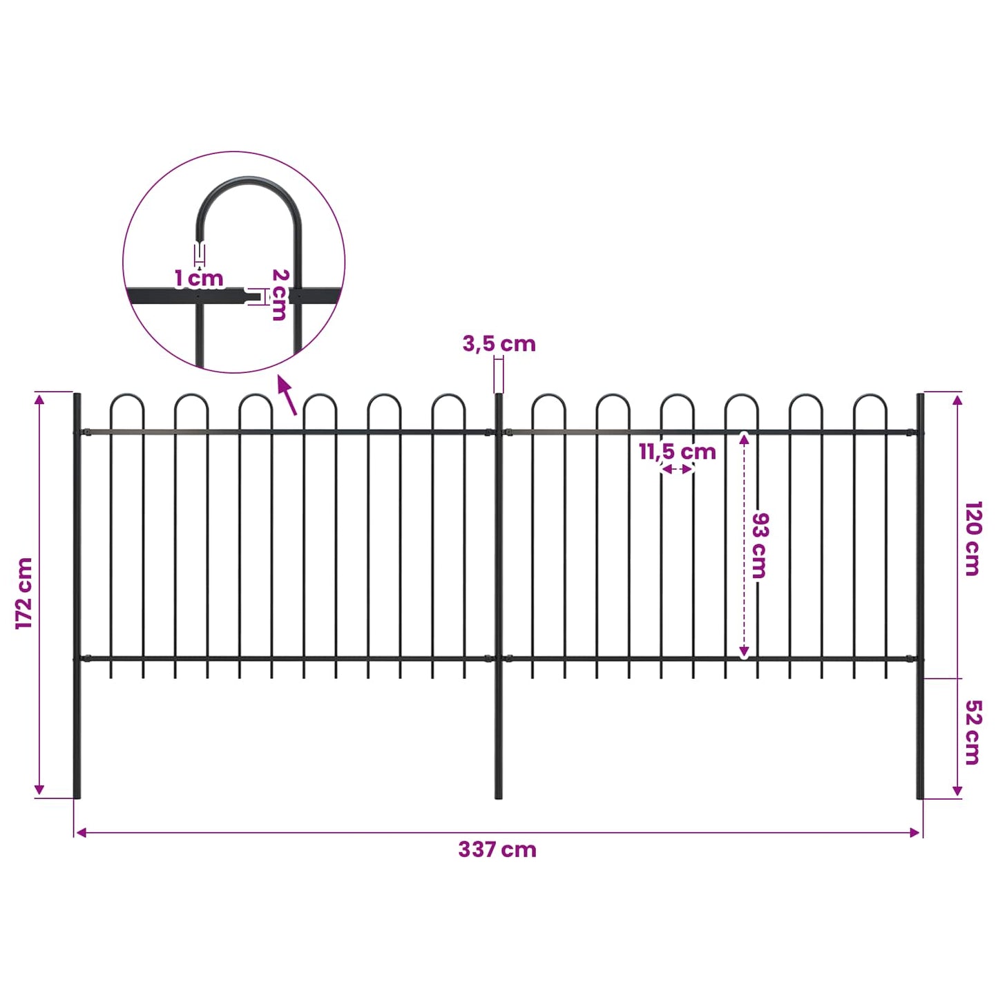Garden Fence with Hoop Top Steel 337x120 cm Black