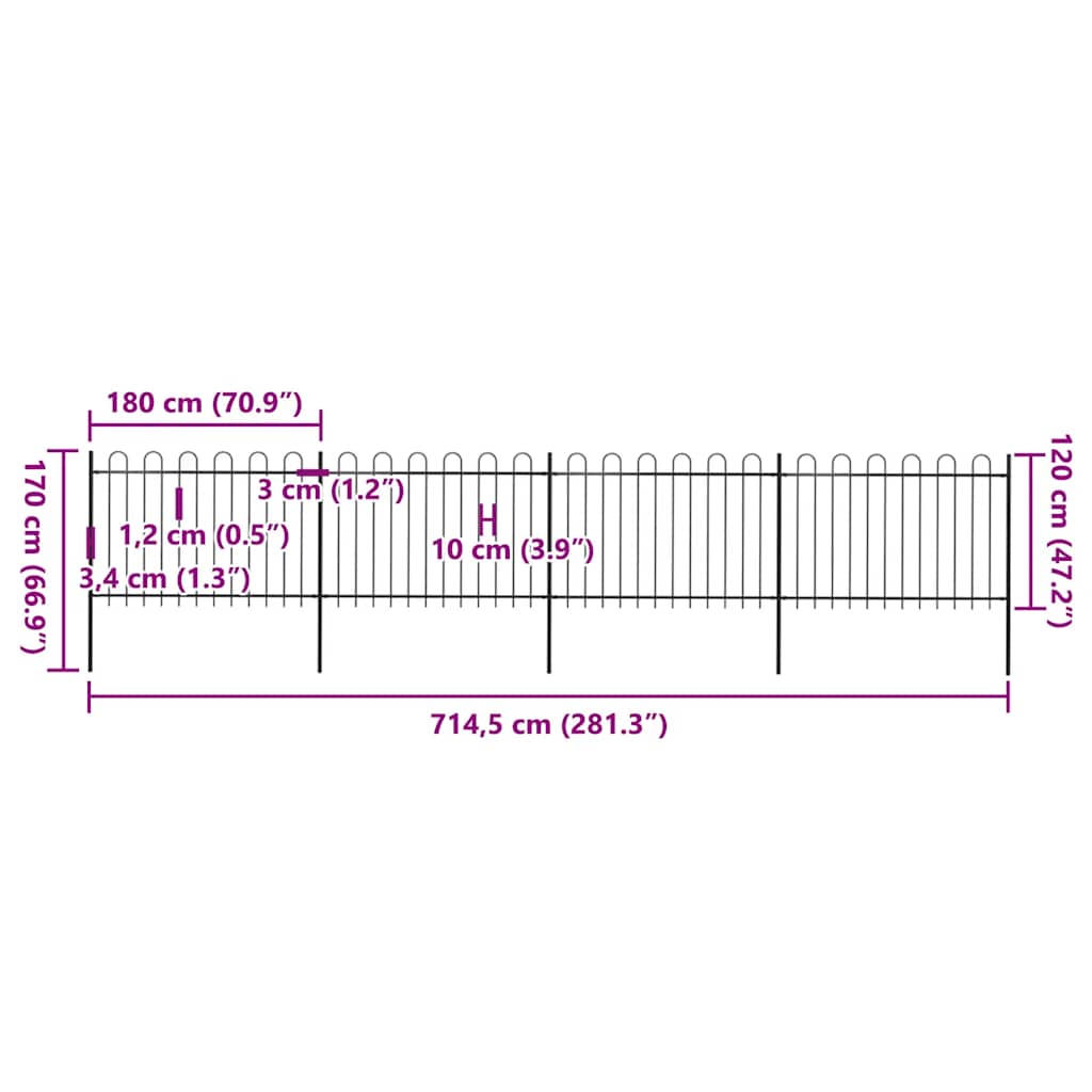 Garden Fence with Hoop Top Steel 671x120 cm Black