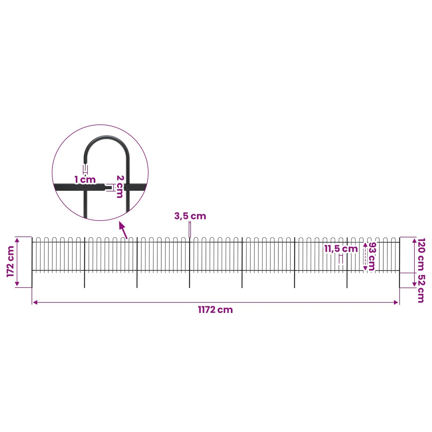 Garden Fence with Hoop Top Steel 1172x120 cm Black