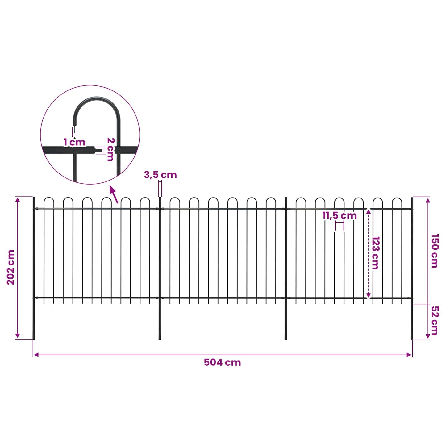 Garden Fence with Hoop Top Steel 504x150 cm Black