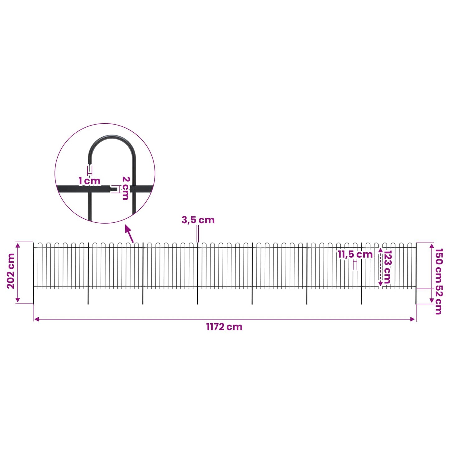 Garden Fence with Hoop Top Steel 1172x150 cm Black