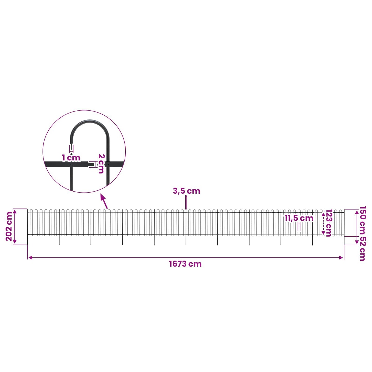 Garden Fence with Hoop Top Steel 1673x150 cm Black