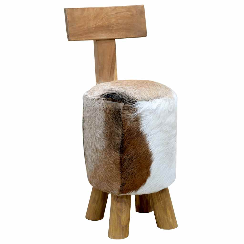 285206 vidaXL Stool Goatskin Leather and Solid Teak Wood