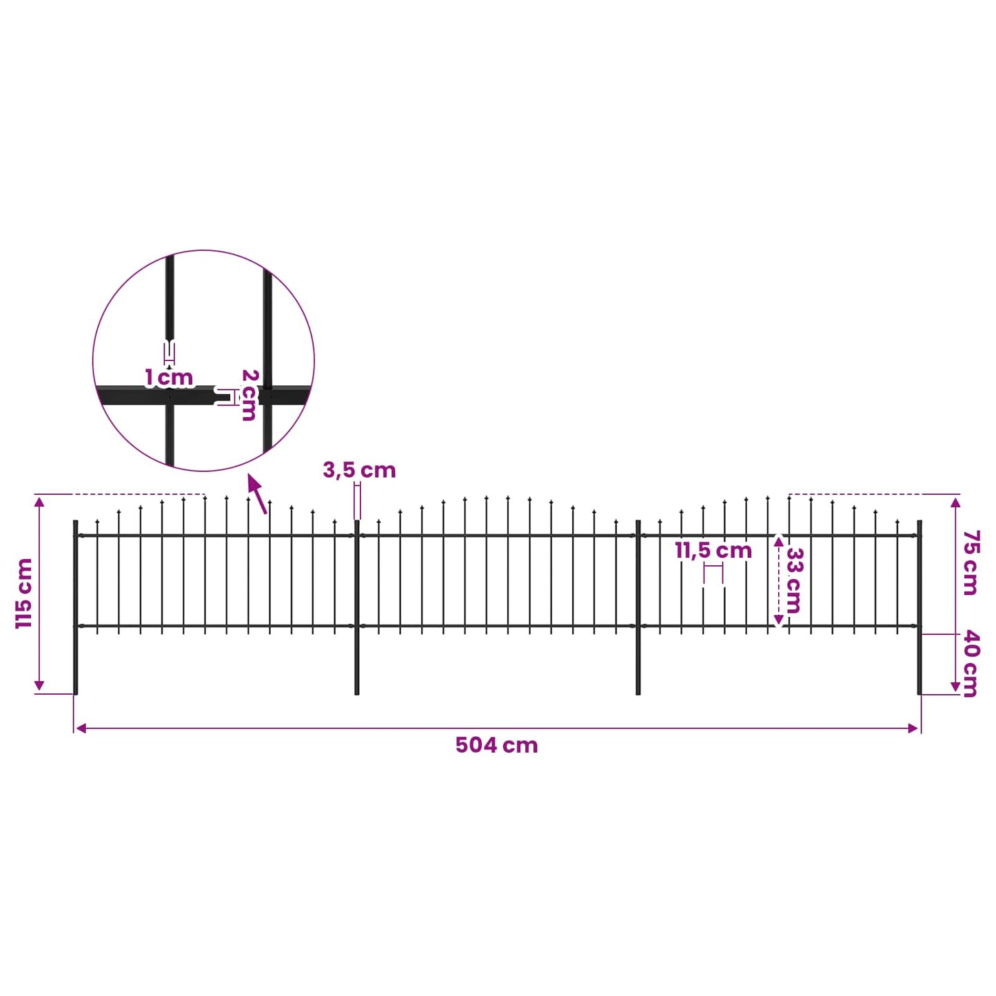 Garden Fence with Spear Top Steel 504x75 cm Black
