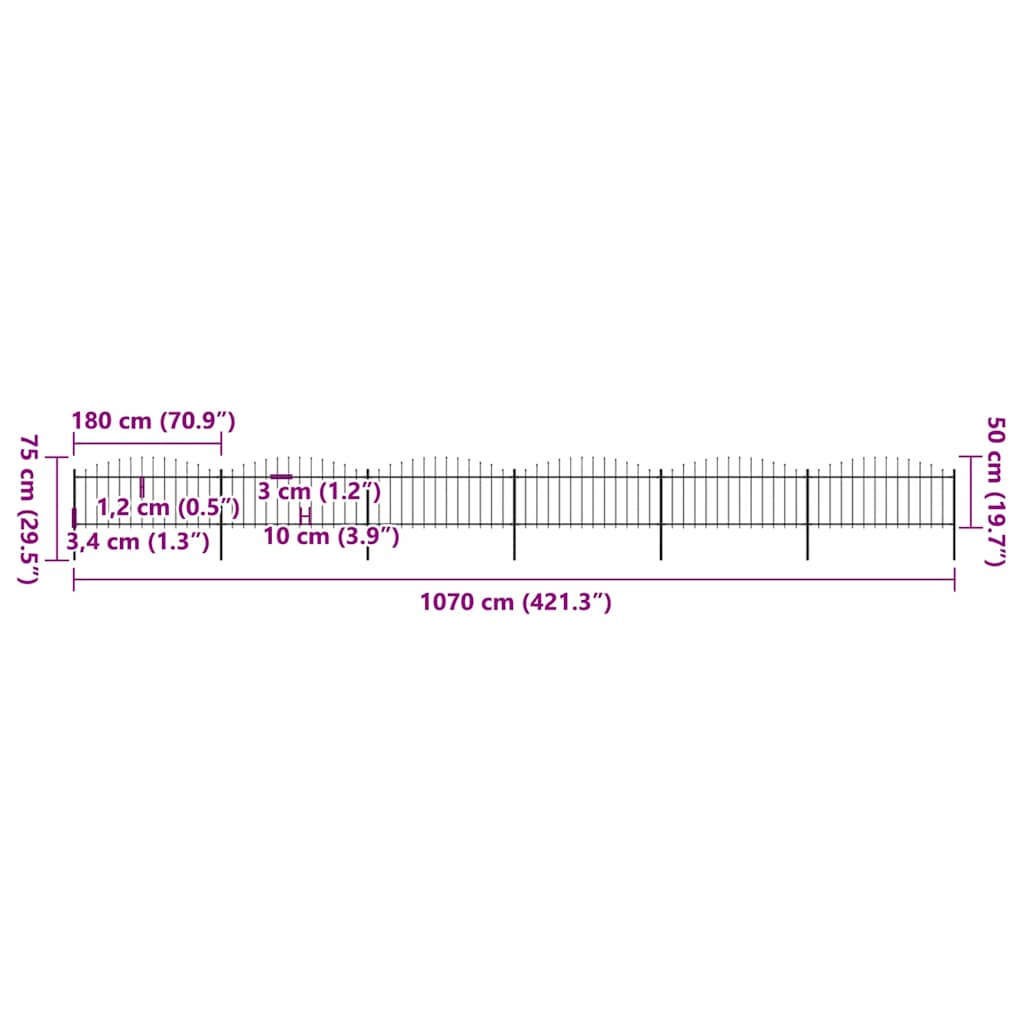 Garden Fence with Spear Top Steel 1070x75 cm Black