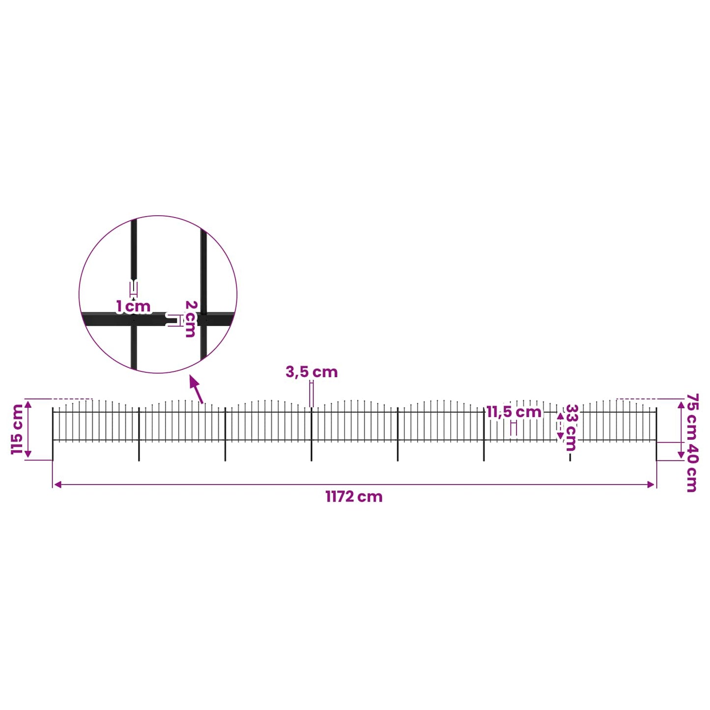 Garden Fence with Spear Top Steel 1172x75 cm Black