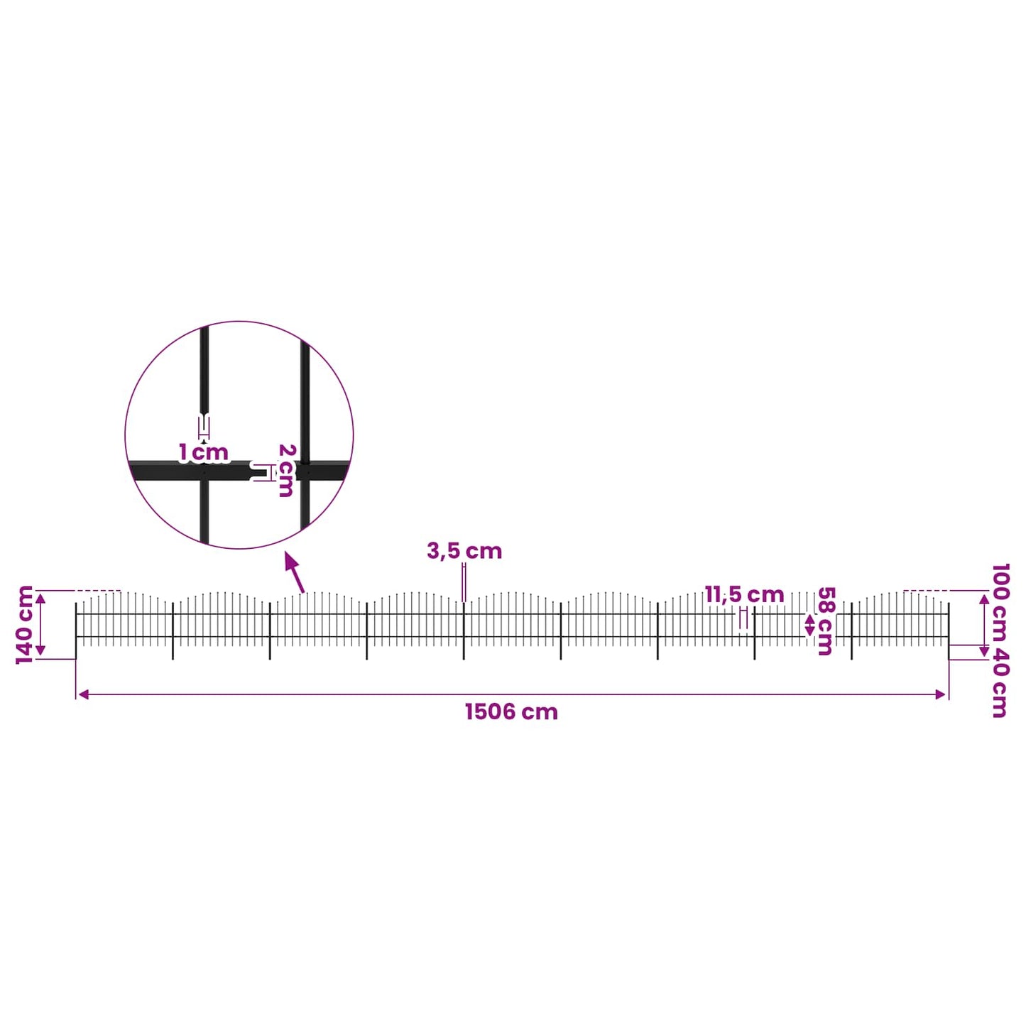 Garden Fence with Spear Top Steel 1506x100 cm Black