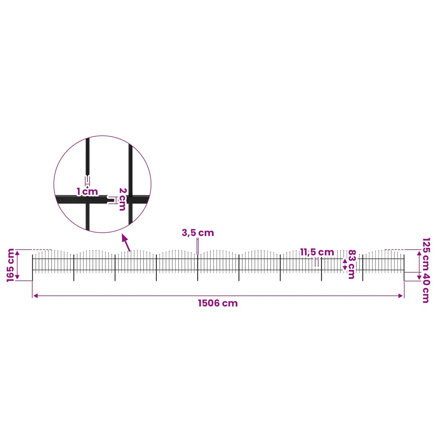 Garden Fence with Spear Top Steel 1506x125 cm Black