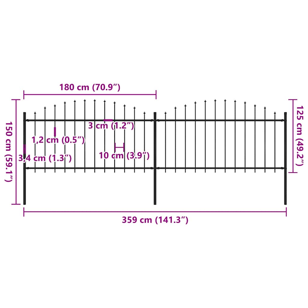 Garden Fence with Spear Top Steel 359x150 cm Black