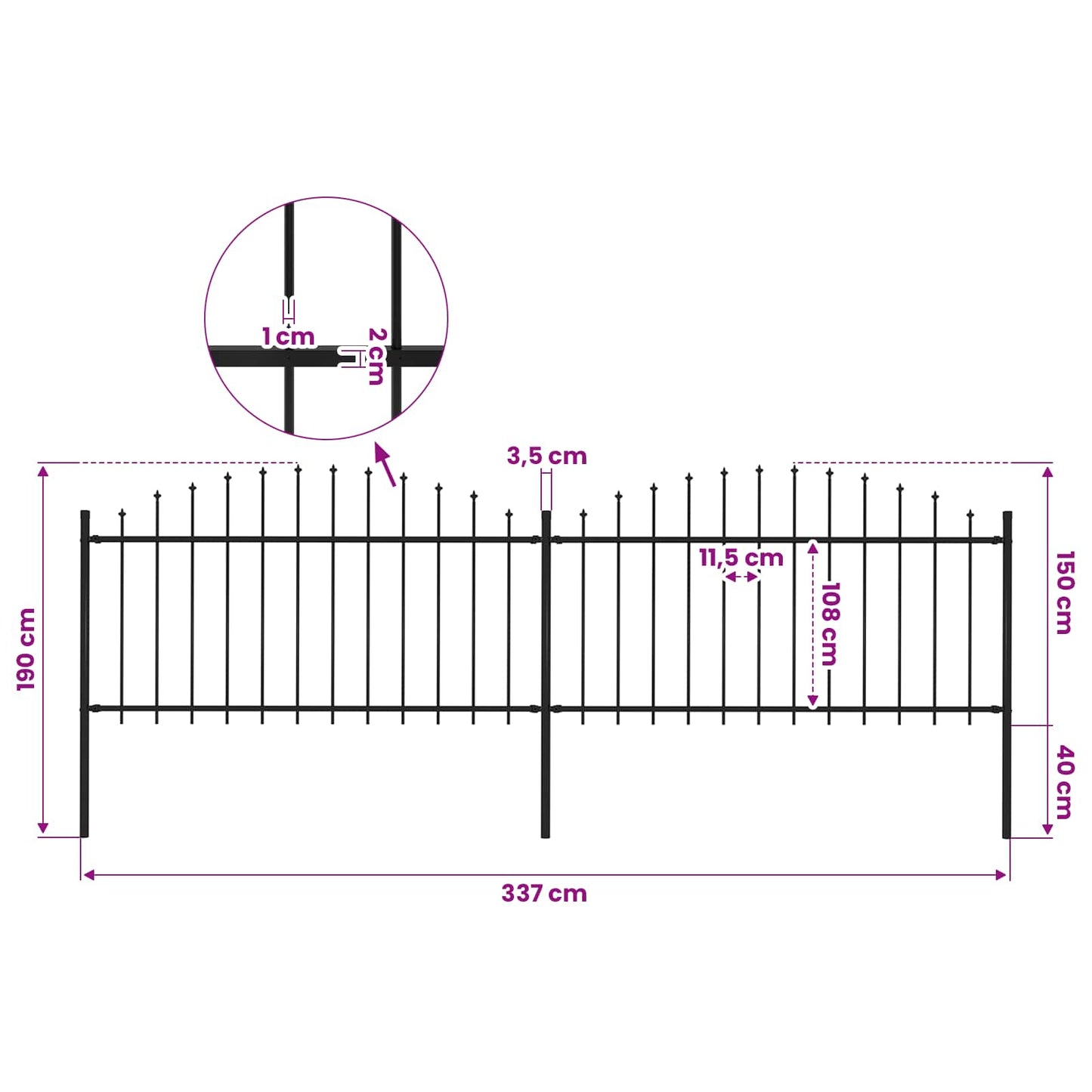 Garden Fence with Spear Top Steel 337x150 cm Black