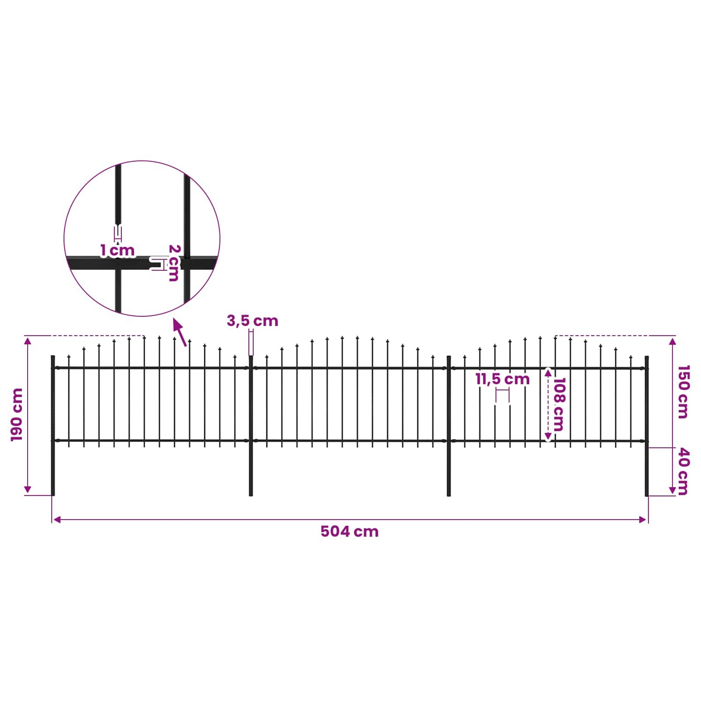 Garden Fence with Spear Top Steel 504x150 cm Black