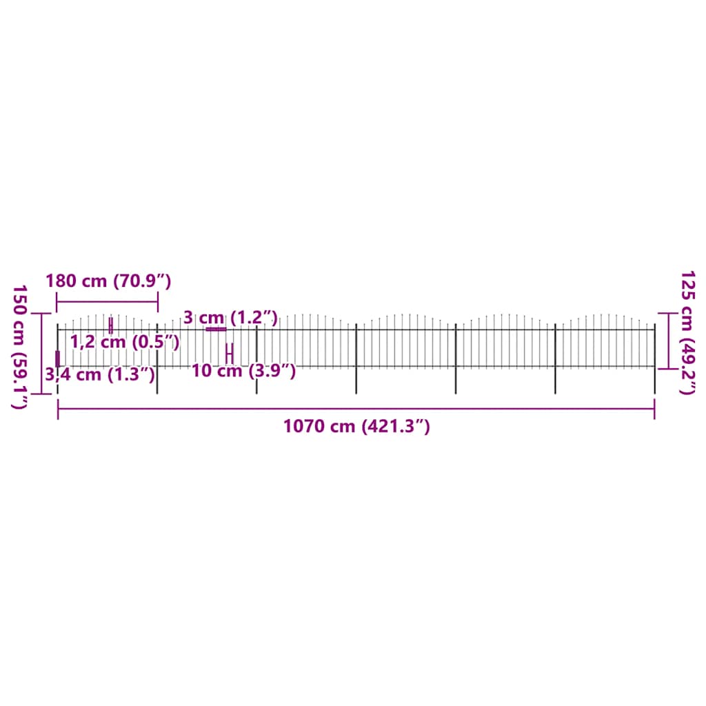 Garden Fence with Spear Top Steel 1070x150 cm Black