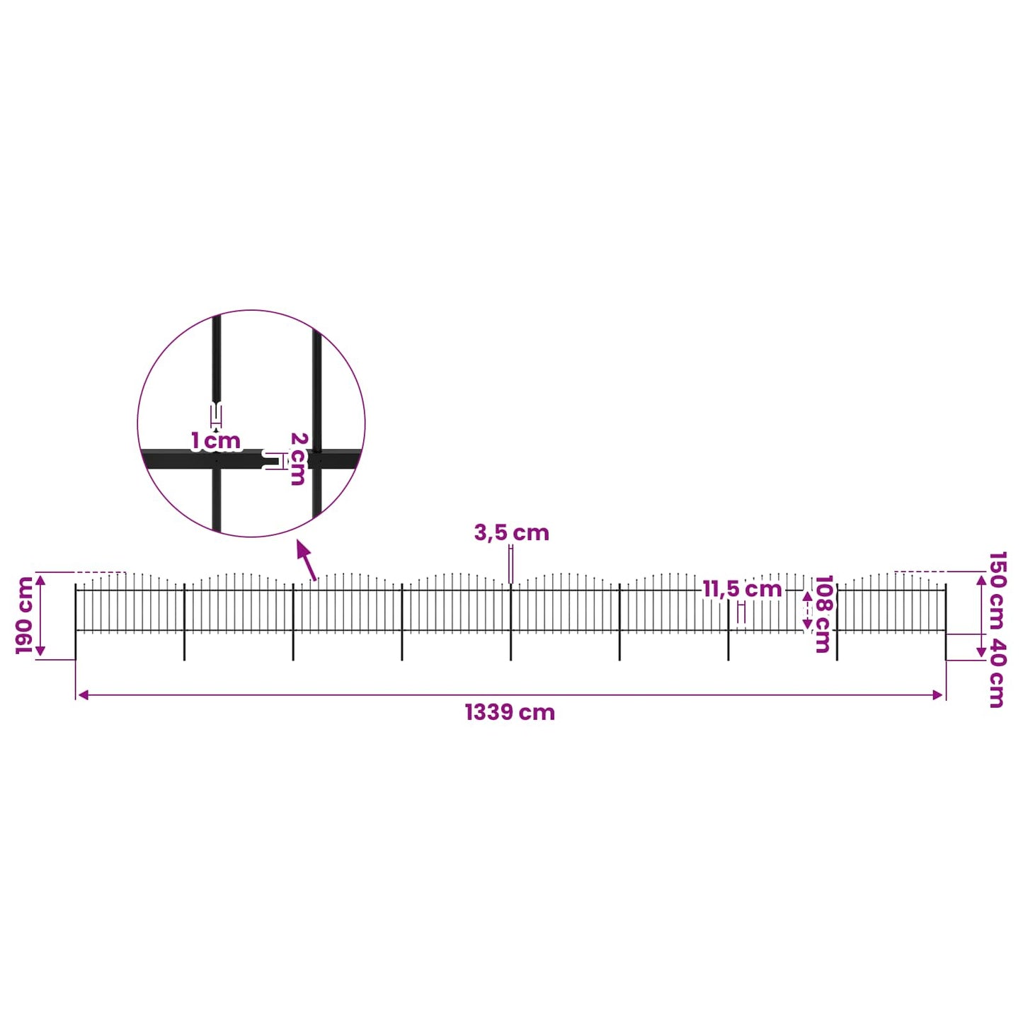 Garden Fence with Spear Top Steel 1339x150 cm Black