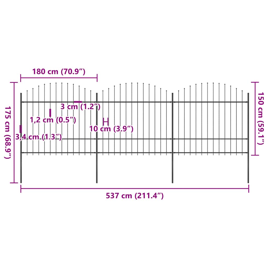 Garden Fence with Spear Top Steel 537x175 cm Black