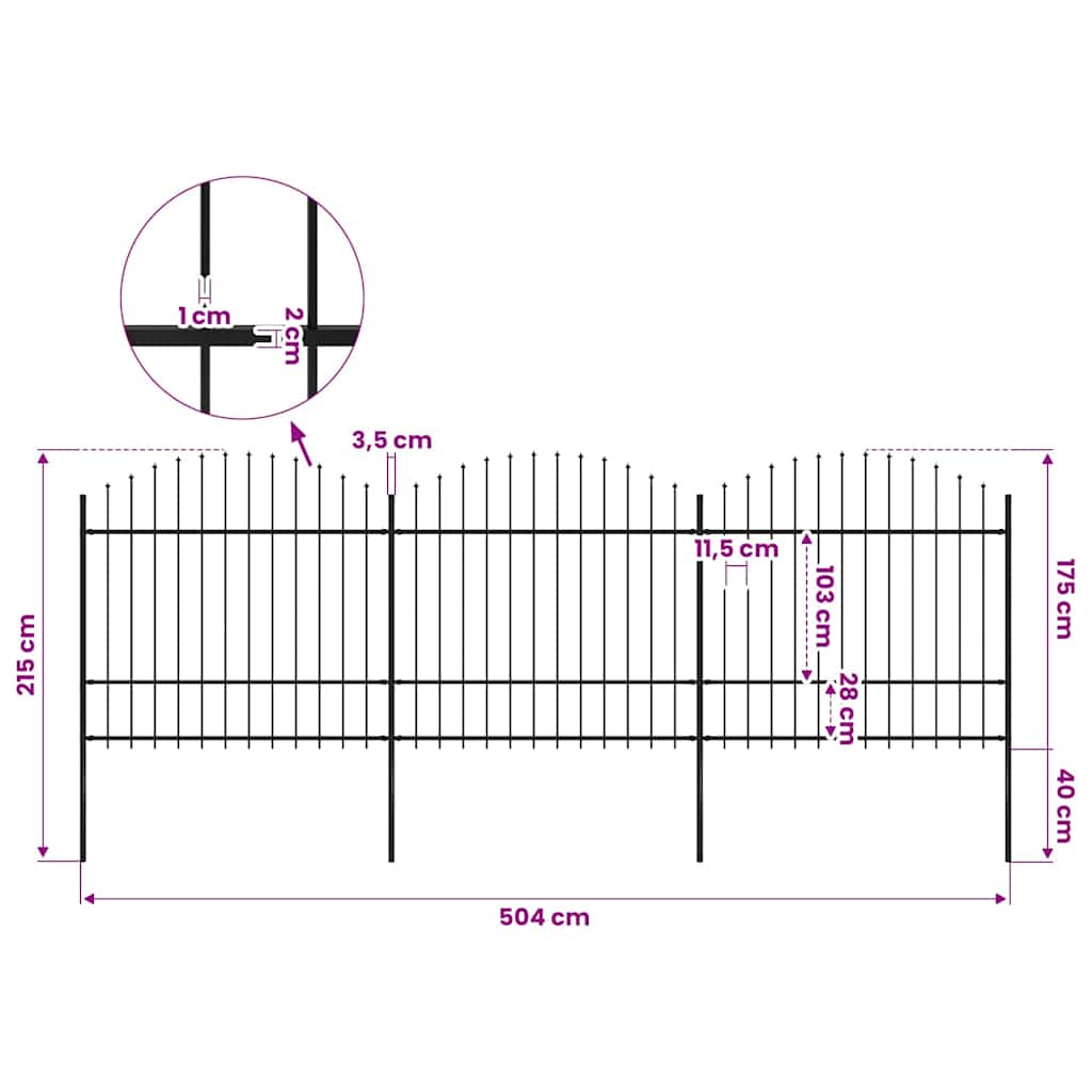 Garden Fence with Spear Top Steel 504x175 cm Black