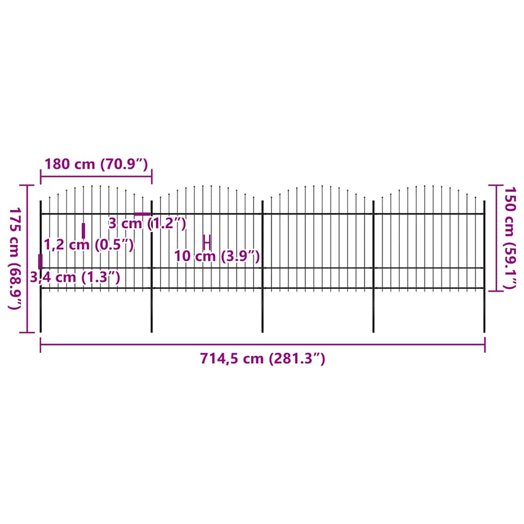 Garden Fence with Spear Top Steel 714.5x175 cm Black