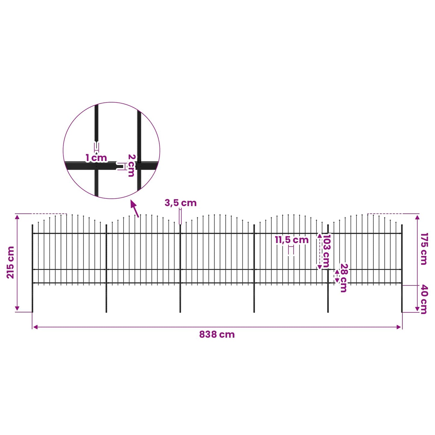 Garden Fence with Spear Top Steel 838x175 cm Black